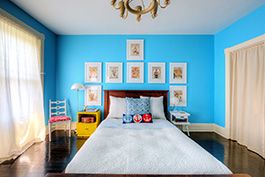 townhouse bedroom with light blue interior